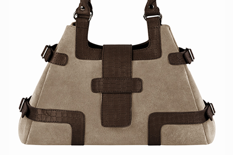Dark brown and tan beige women's dress handbag, matching pumps and belts. Profile view - Florence KOOIJMAN